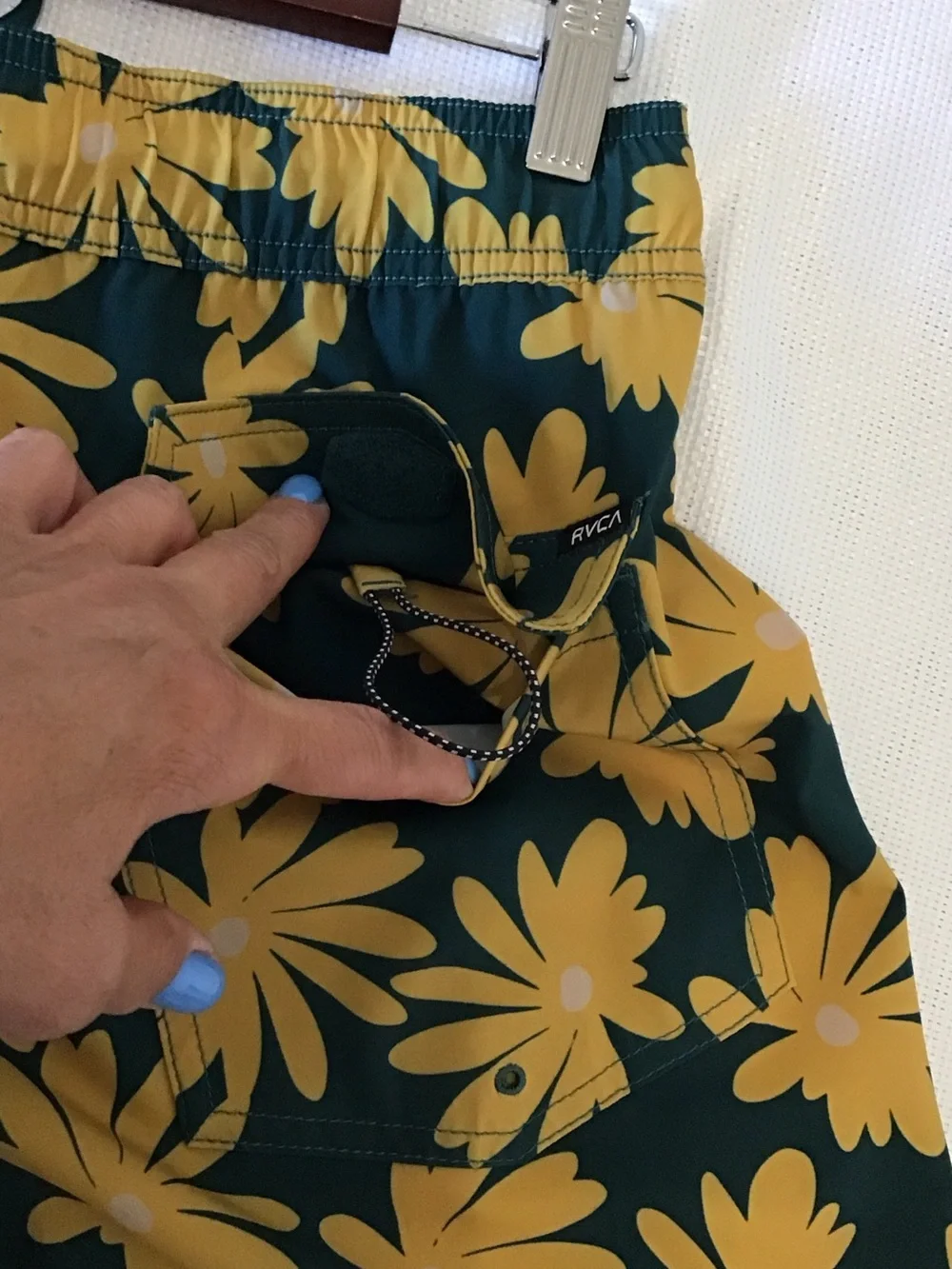 RVCA Men's Dark Green Swim Trunks with Yellow Floral Print